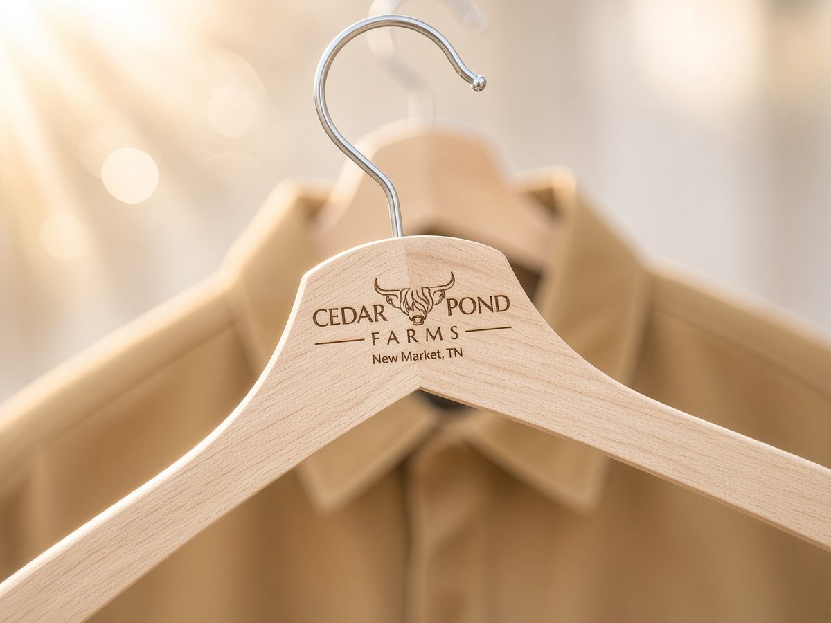 Natural beechwood hanger with a silver hook, engraved with the Cedar Pond Farms Highland cow logo and New Market, TN, in front of a tan jacket