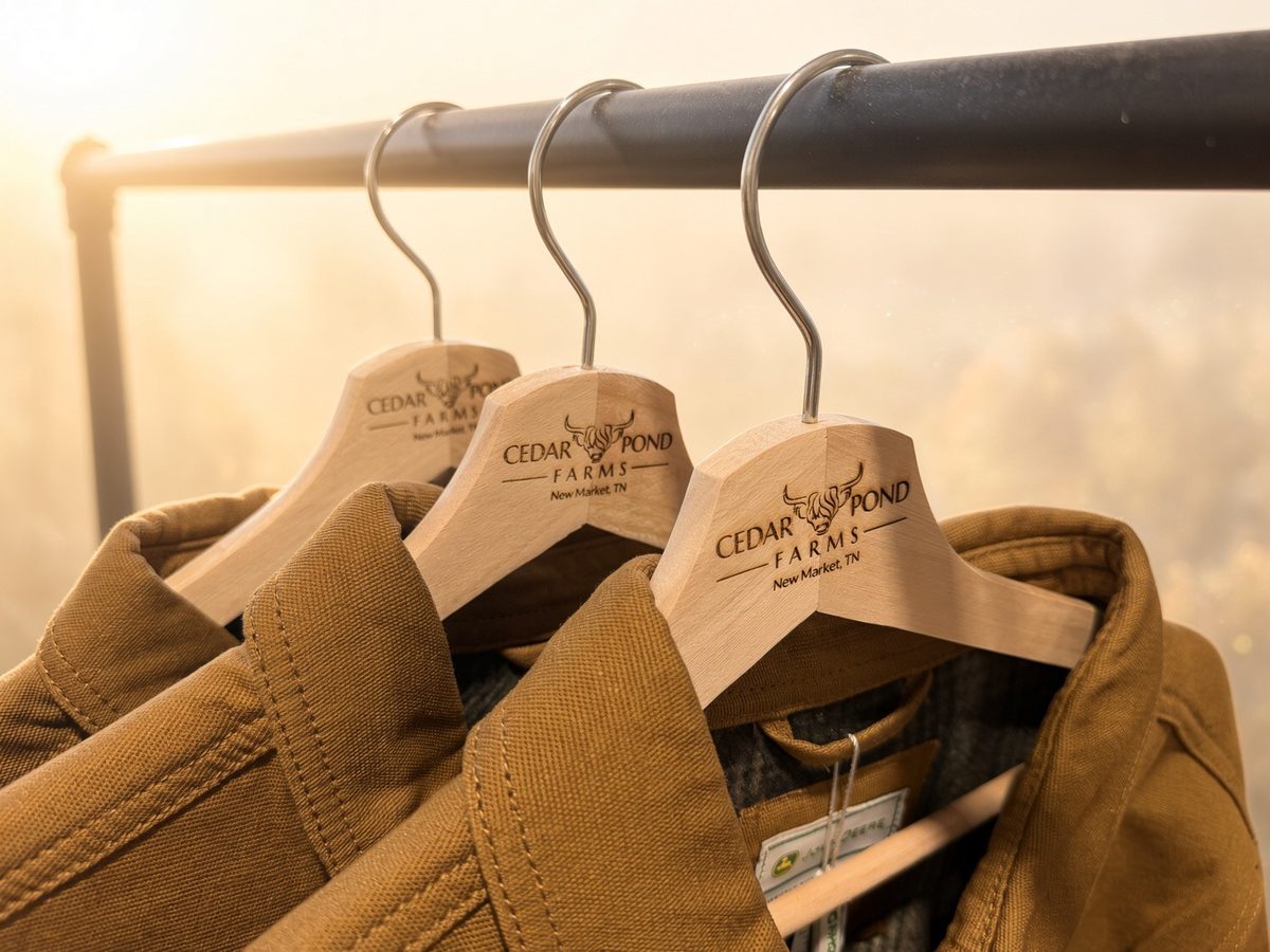Three engraved Cedar Pond Farms wood hangers on a black rail in golden evening light, each holding a tan jacket