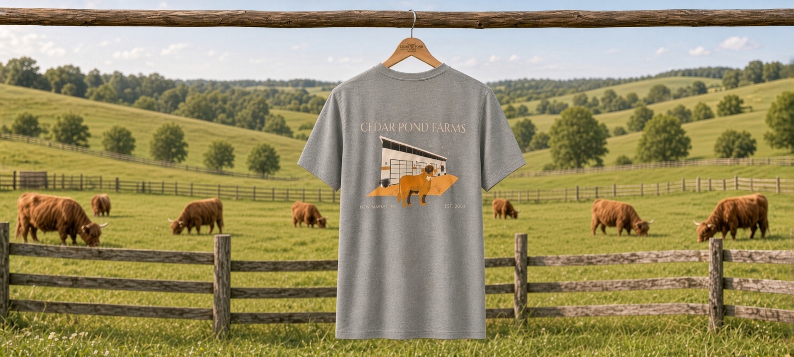 Grey t-shirt on a wooden hanger featuring a Cedar Pond Farms barn and Highland cow graphic, displayed outdoors in a pasture with grazing Highland cattle.