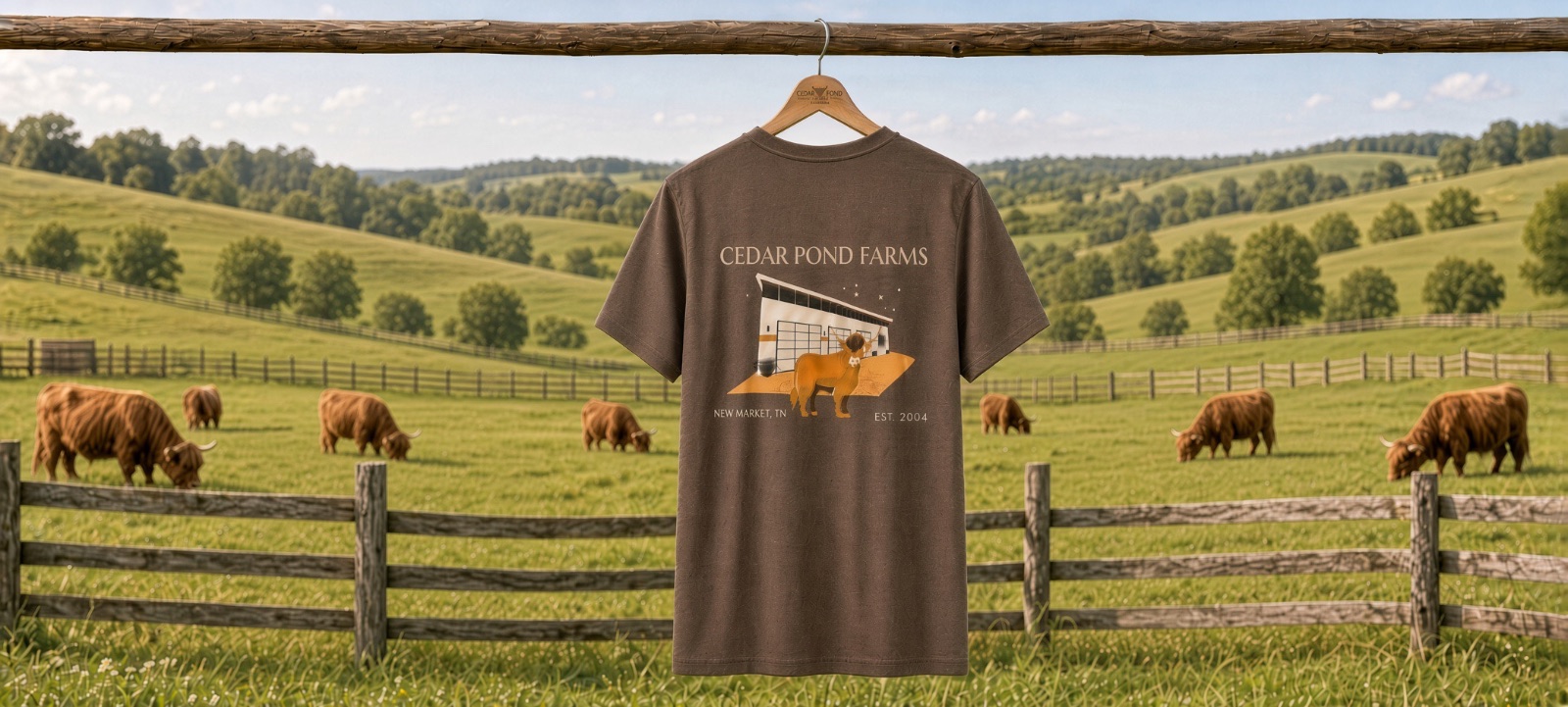 Brown t-shirt on a wooden hanger featuring a Scottish Highland cow graphic and 'Cedar Pond Farms, New Market TN, Est. 2004' text, displayed outdoors against a pasture with grazing Highland cattle