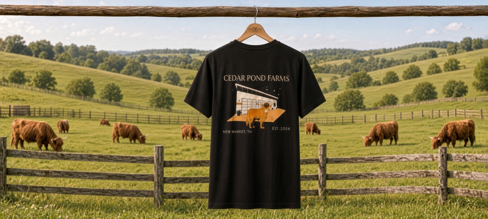 Black t-shirt on a wooden hanger featuring a Highland cow and barn graphic with 'Cedar Pond Farms, New Market TN, Est. 2004' text, hanging over a fence with grazing Highland cows in a green pasture.