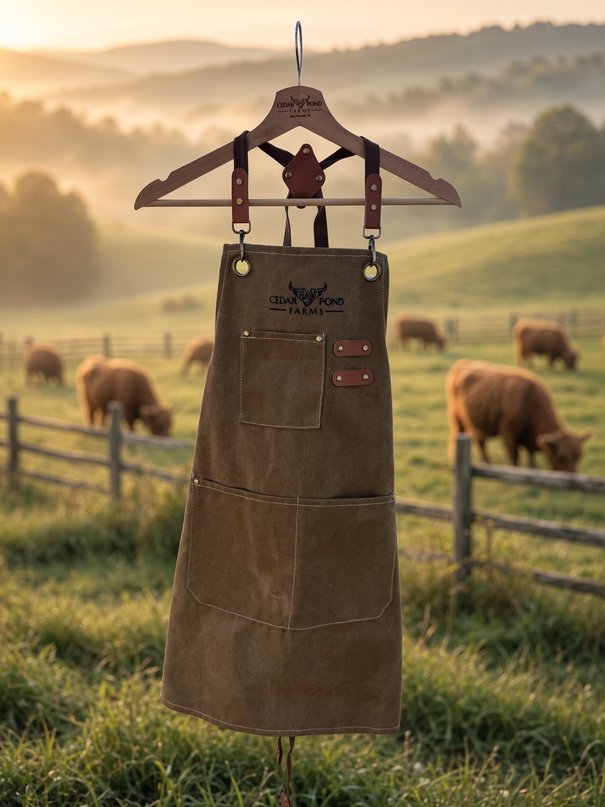 Brown waxed canvas Cedar Pond Farms apron with leather straps and pockets, hanging on a wooden hanger in a sunlit pasture with grazing highland cattle.