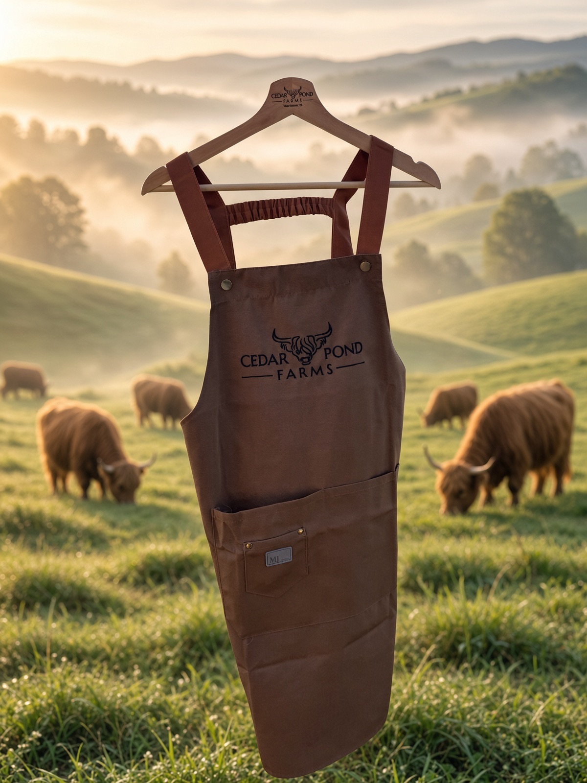 Brown canvas griller apron with Cedar Pond Farms logo, pocket, and leather straps, hanging outdoors in a misty pasture with Highland cattle.