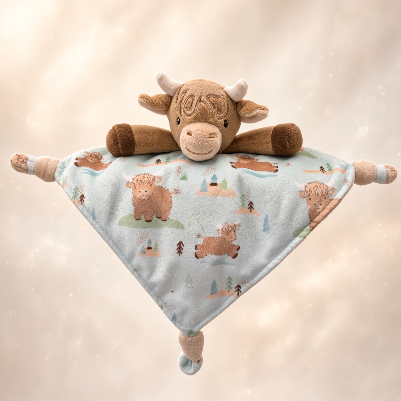 Plush highland cow baby comforter blanket with soft brown horns and a blue blanket printed with highland cow and forest designs.