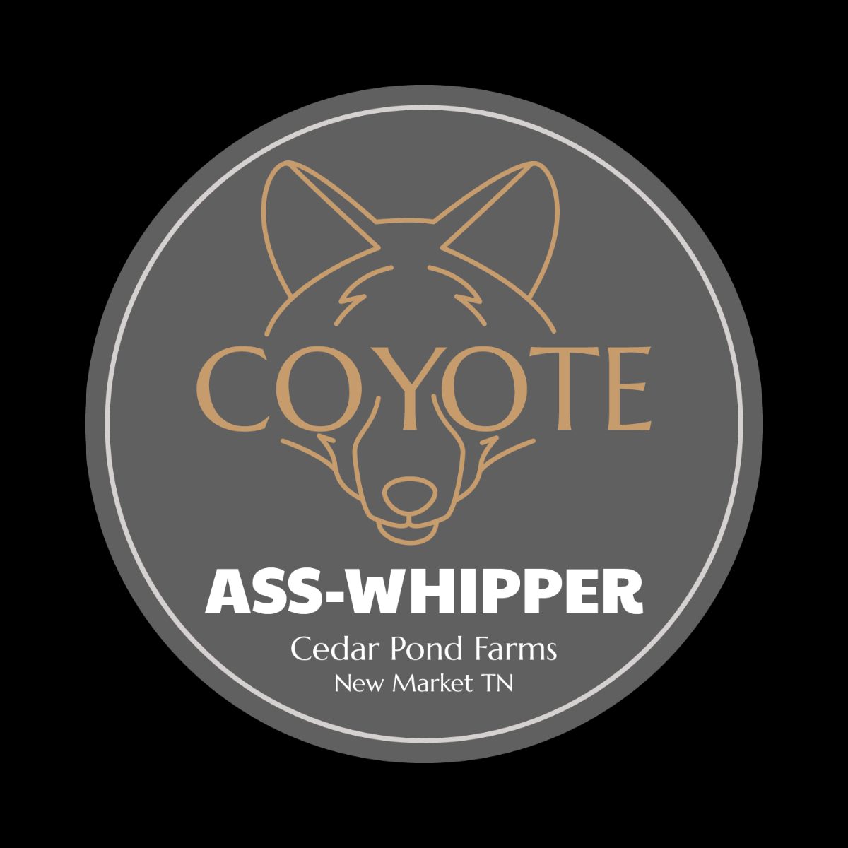 Mini-Donkey Coyote Ass Whipper from the Stickers shelf at the Cedar Pond Farms gift shop — our fluffy Highland cow farm just outside the Smoky Mountains.