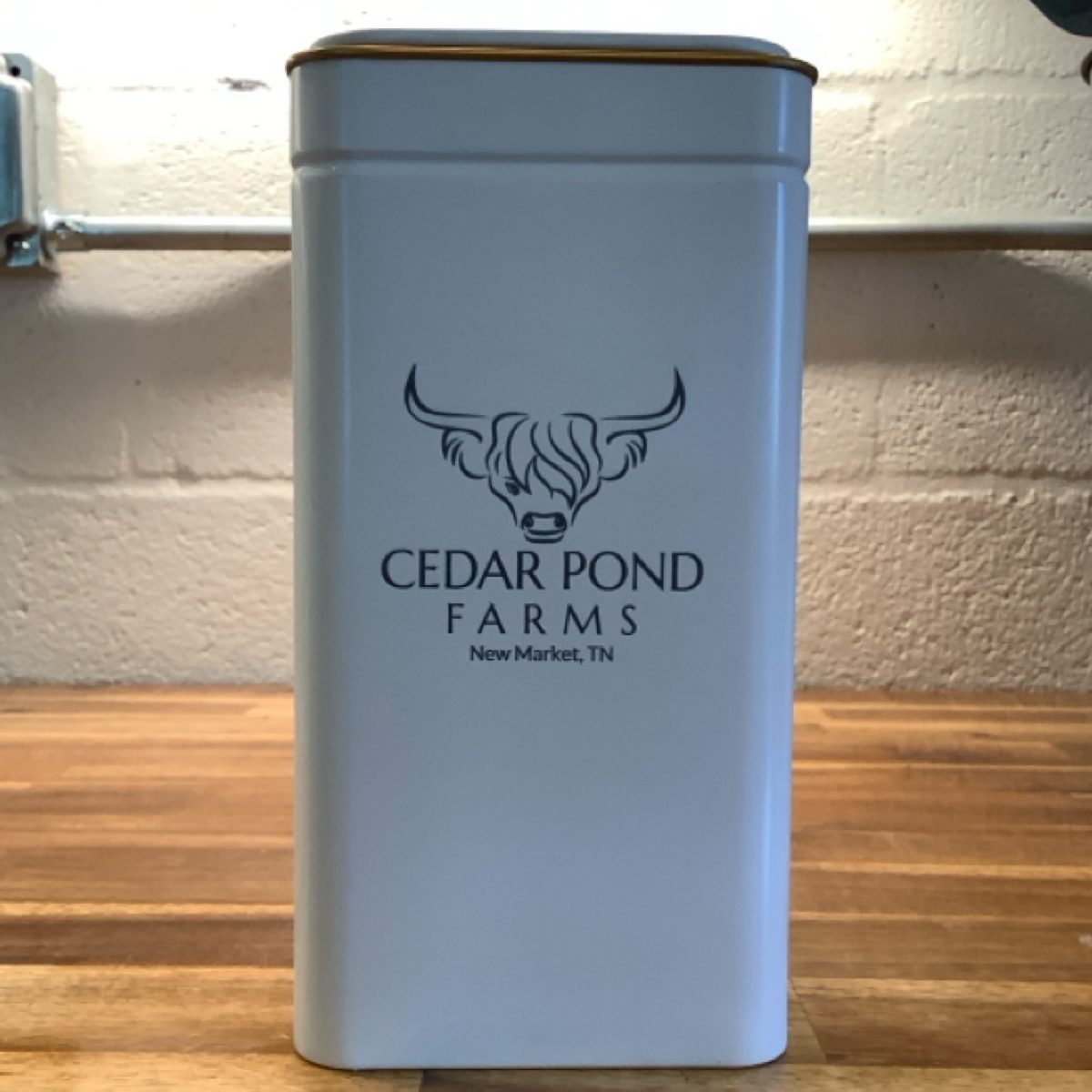 Tall Metal Tin at the Cedar Pond Farms gift shop — our fluffy Highland cow farm just outside the Smoky Mountains.