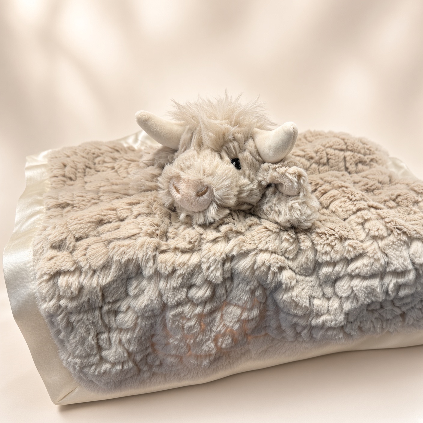 A soft gray and cream baby blanket folded with a plush highland cow face peeking out from the top.