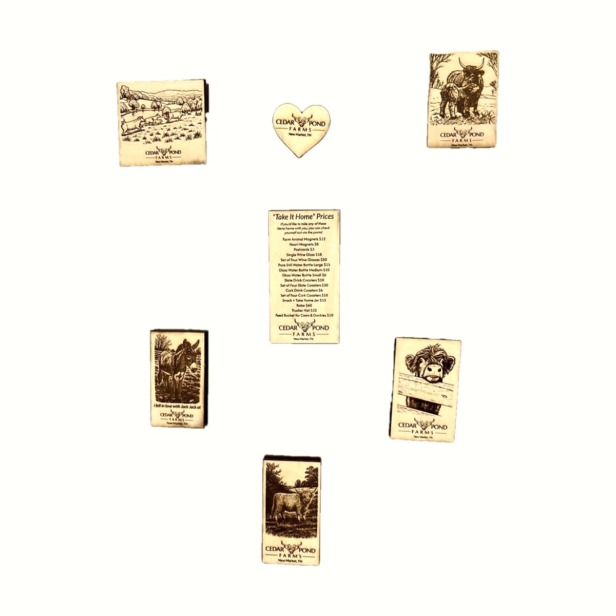 Engraved wood magnet featuring a Highland cow design, from Cedar Pond Farms.