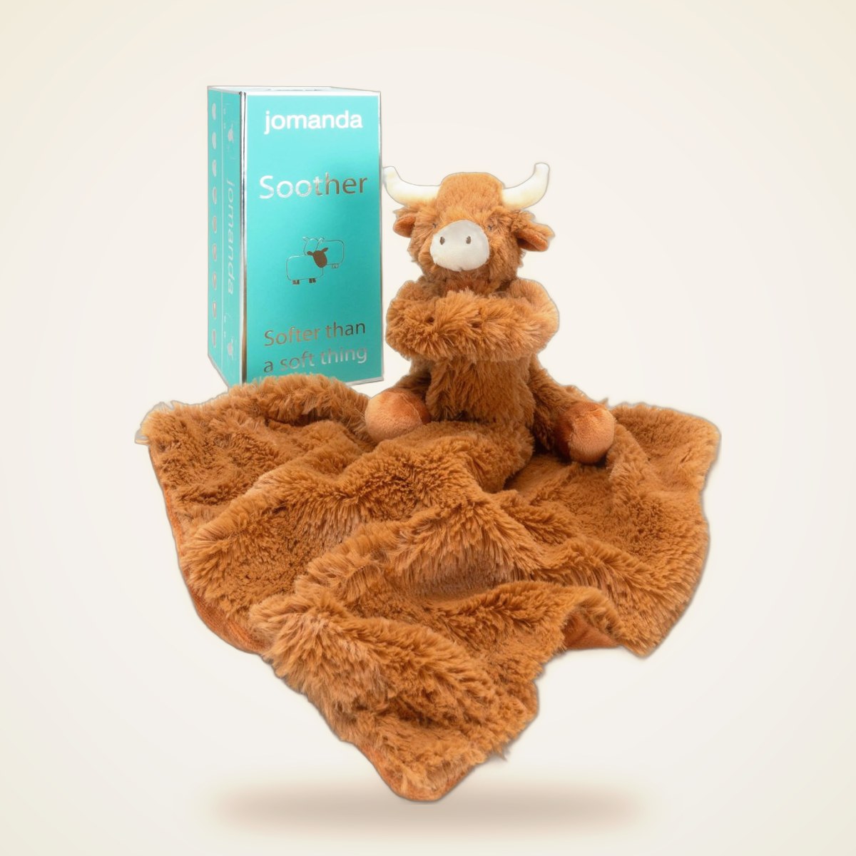 Highland Cow Baby Soft Toy Soother from the STUFFIES shelf at the Cedar Pond Farms gift shop — our fluffy Highland cow farm just outside the Smoky Mountains.