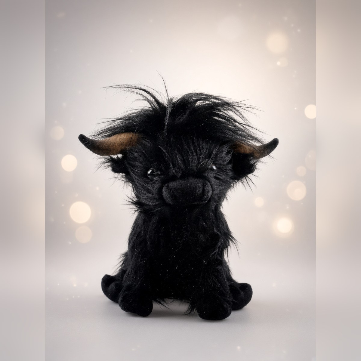 MEDIUM COW — Black Cow from the STUFFIES shelf at the Cedar Pond Farms gift shop — our fluffy Highland cow farm just outside the Smoky Mountains.