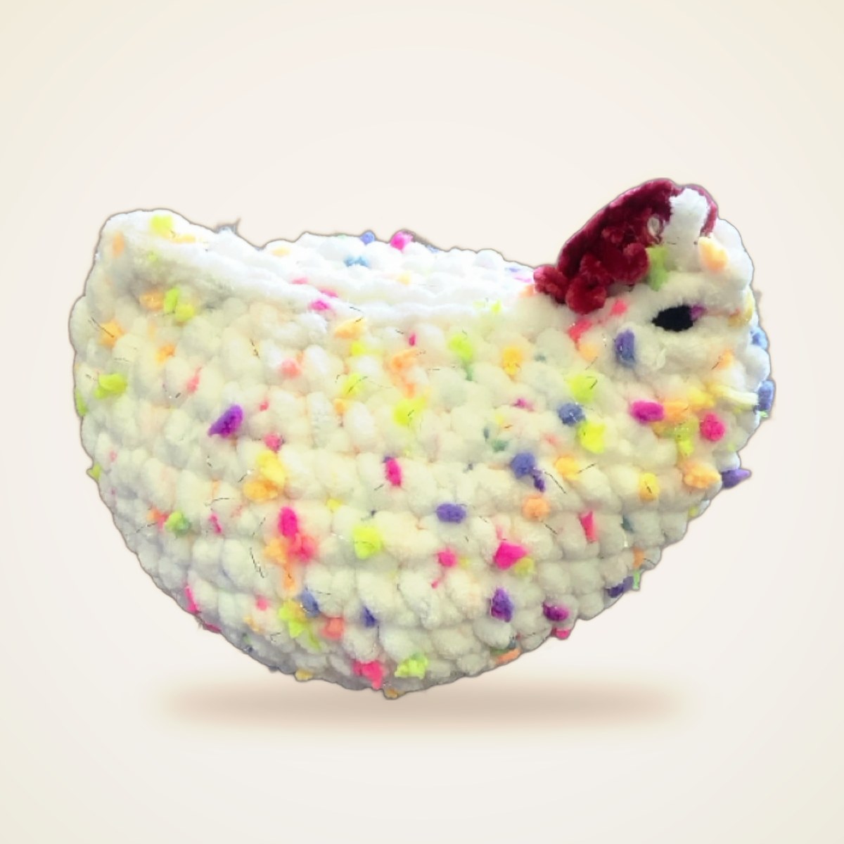 Crochet Chicken from the STUFFIES shelf at the Cedar Pond Farms gift shop — our fluffy Highland cow farm just outside the Smoky Mountains.