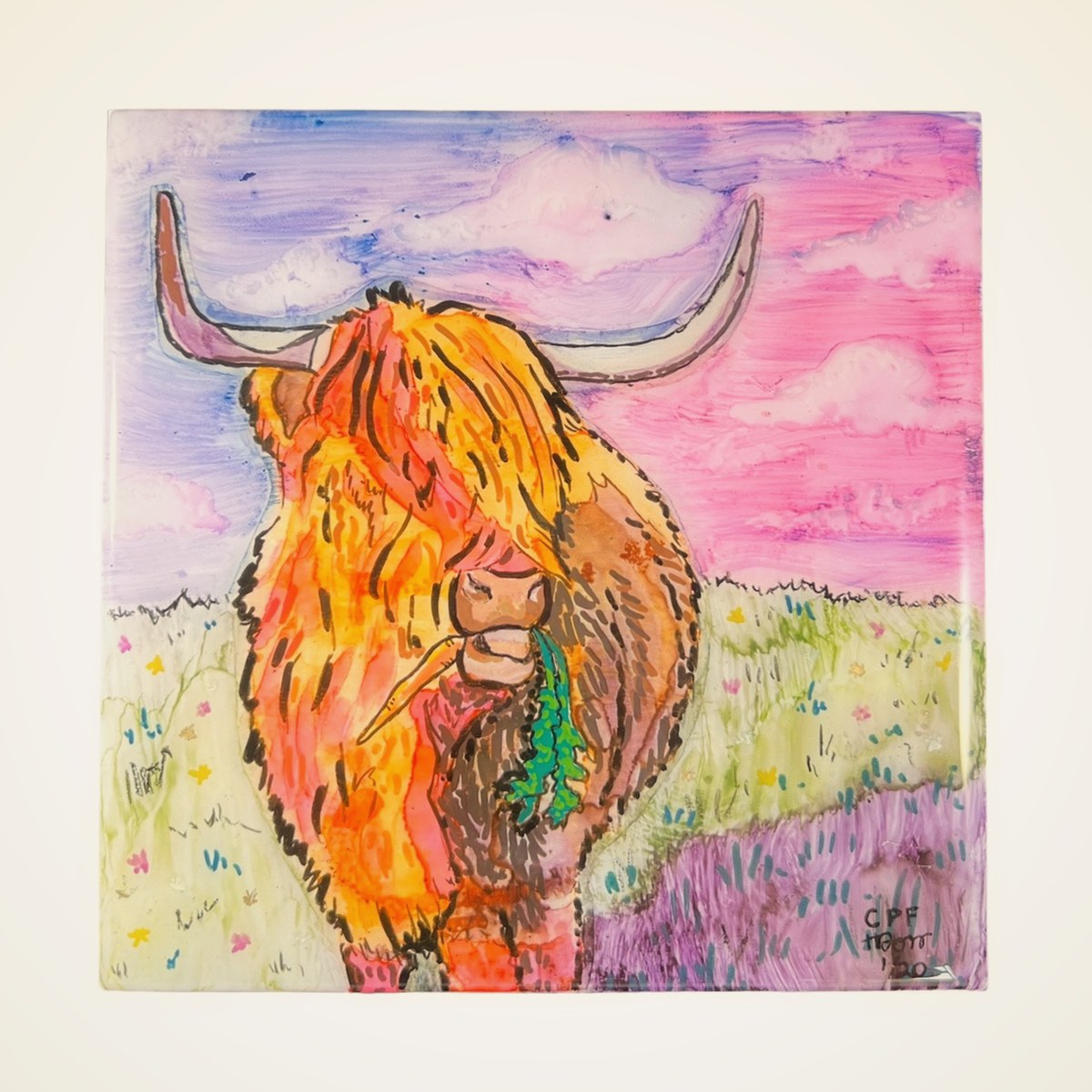 Fluffy Highland Cow Hand Painted Tile, sold at the Cedar Pond Farms farm store in New Market, Tennessee.