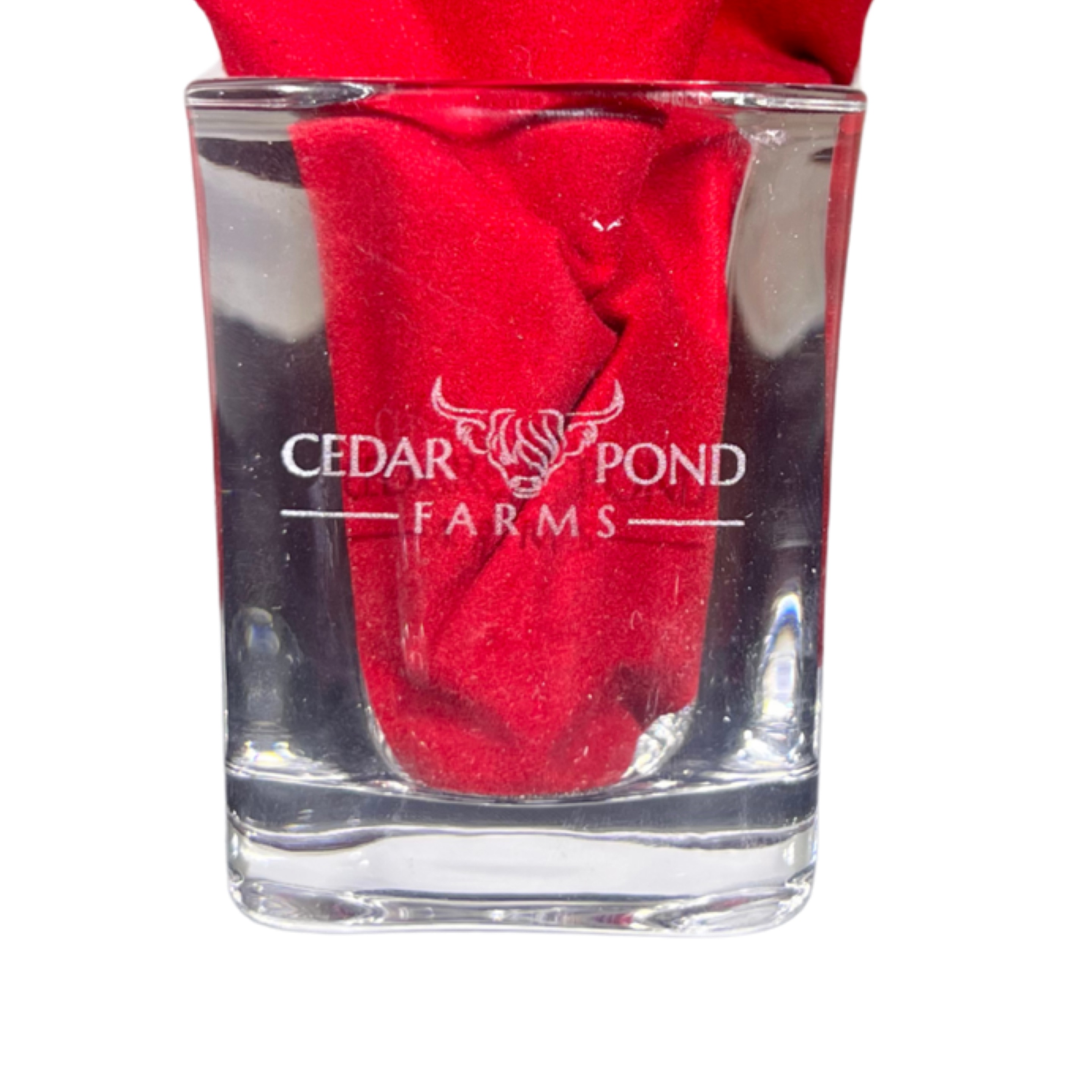 Cedar Pond Farms Shot Glass in the Cedar Pond Farms gift shop, a few steps from the Scottish Highland herd.