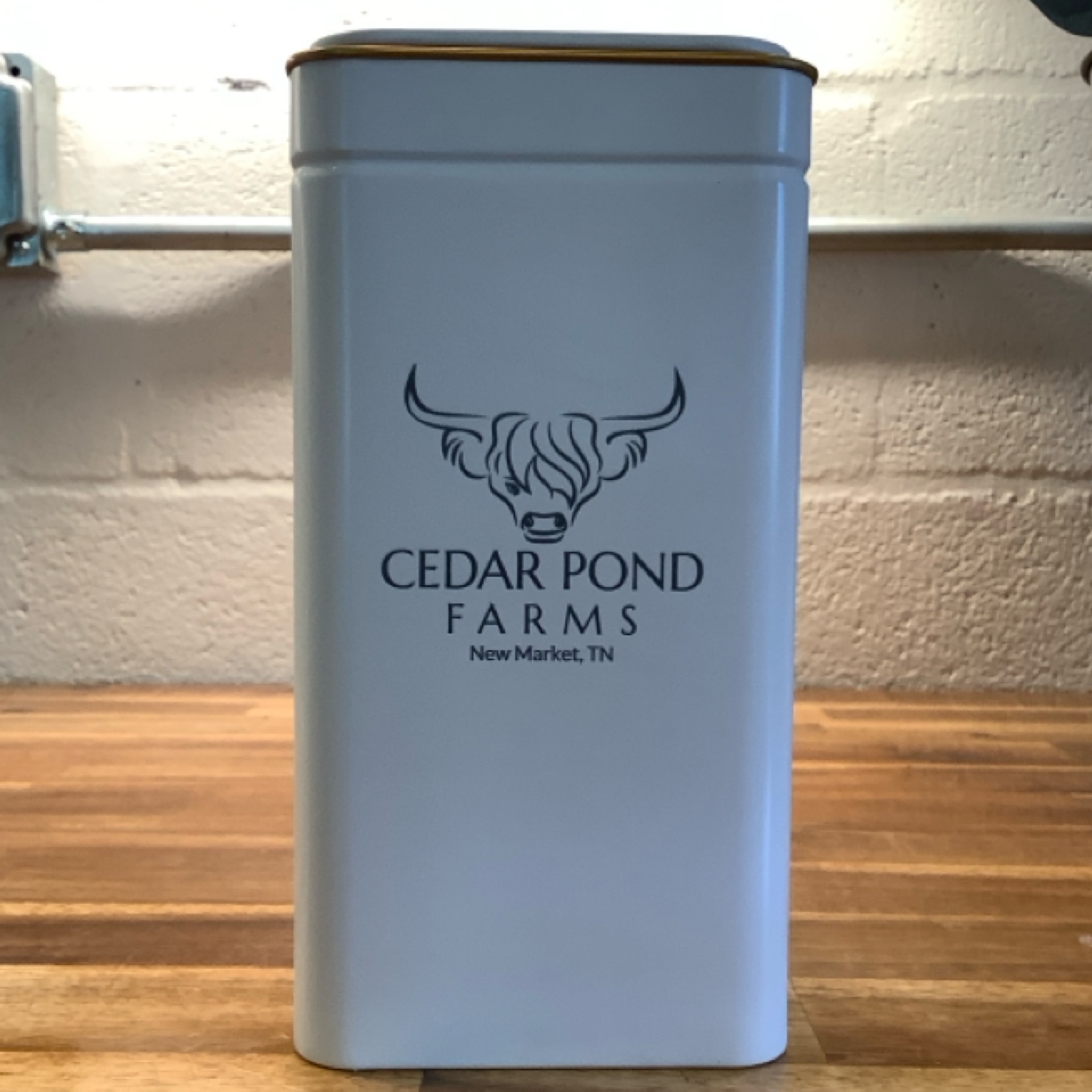 Tall Metal Tin at the Cedar Pond Farms gift shop — our fluffy Highland cow farm just outside the Smoky Mountains.