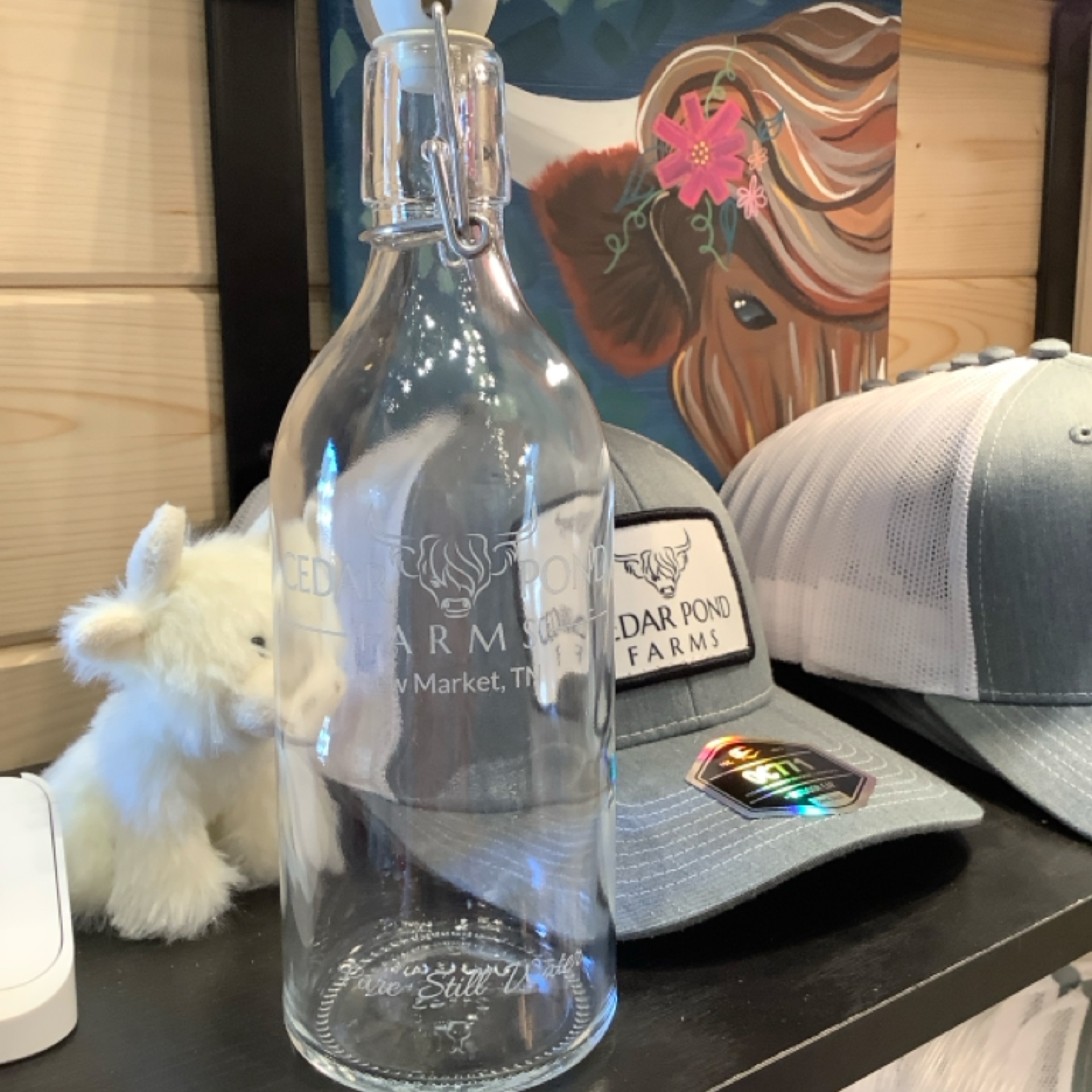 Glass Water Bottle at the Cedar Pond Farms gift shop — our fluffy Highland cow farm just outside the Smoky Mountains.