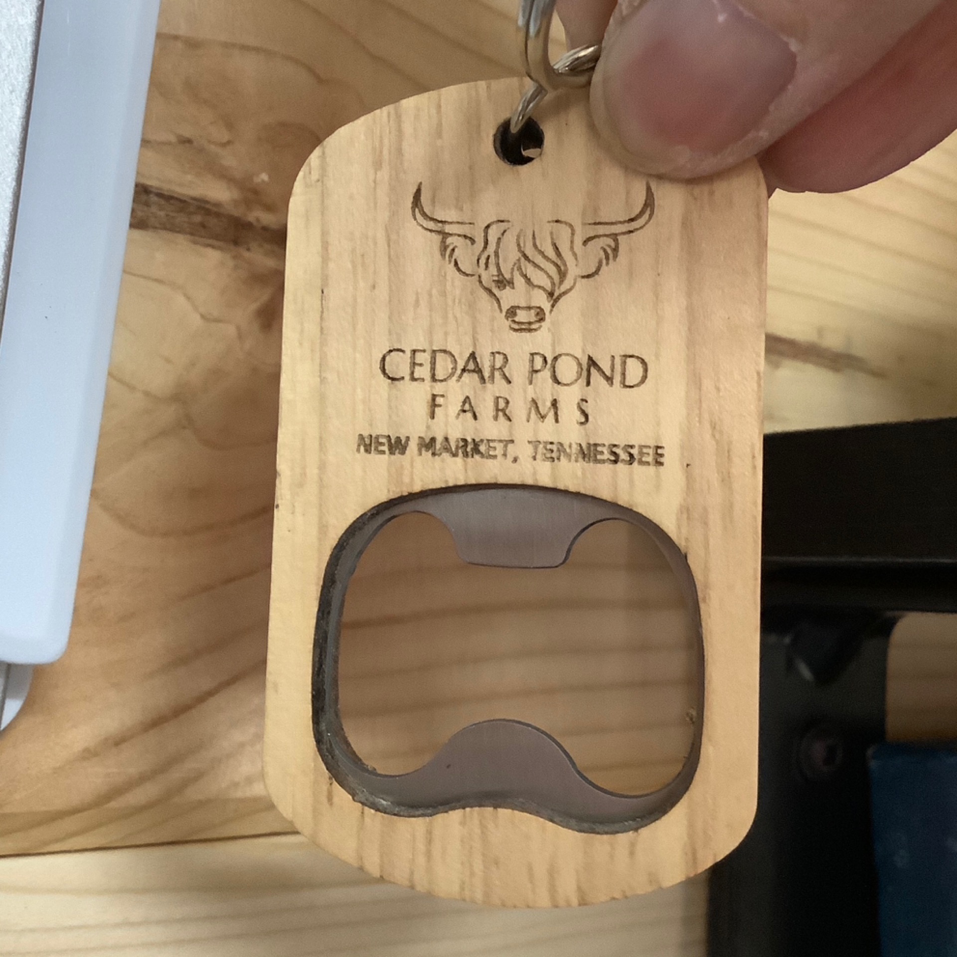 Keychain Bottle Opener at the Cedar Pond Farms gift shop — our fluffy Highland cow farm just outside the Smoky Mountains.