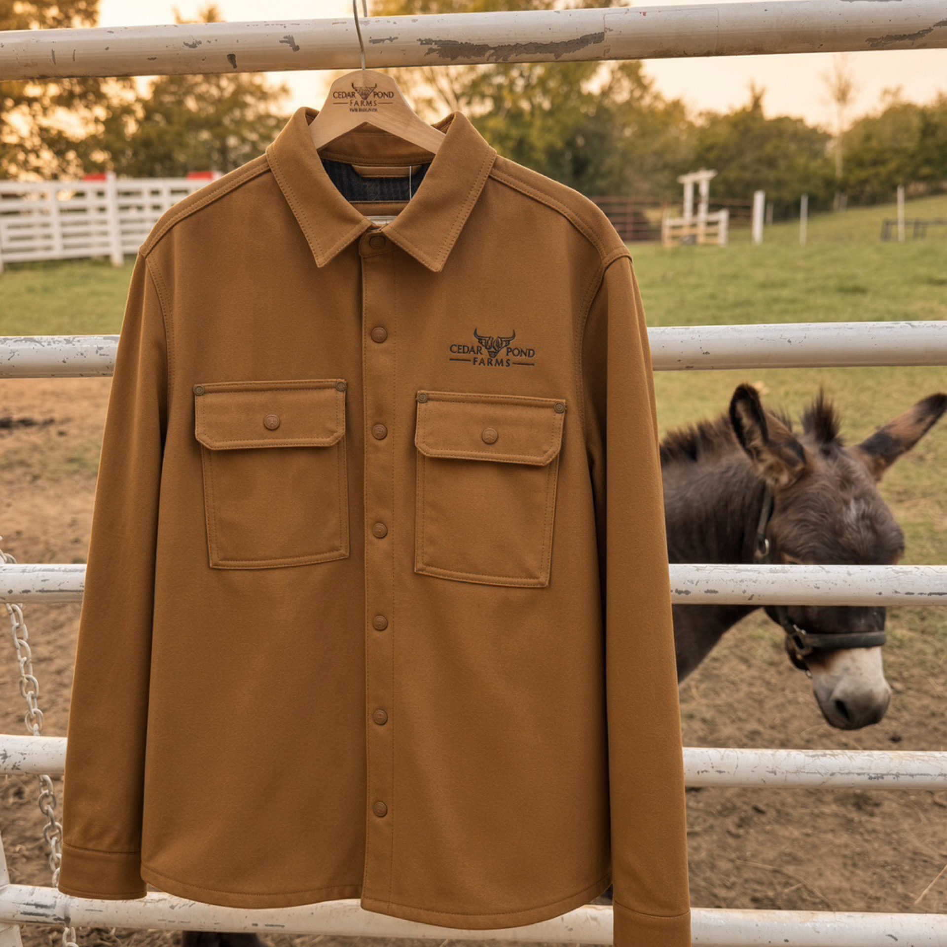 John Deer Canvas Coat from the Apparel shelf at the Cedar Pond Farms gift shop — our fluffy Highland cow farm just outside the Smoky Mountains.