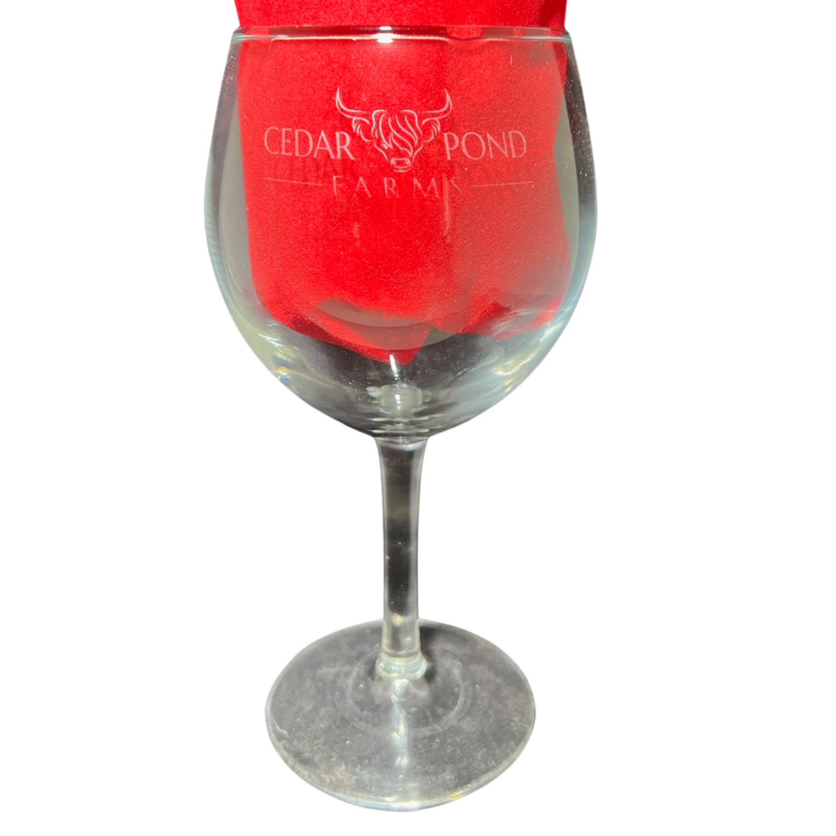 Cedar Pond Farms Red Wine Glass at the Cedar Pond Farms gift shop — our fluffy Highland cow farm just outside the Smoky Mountains.