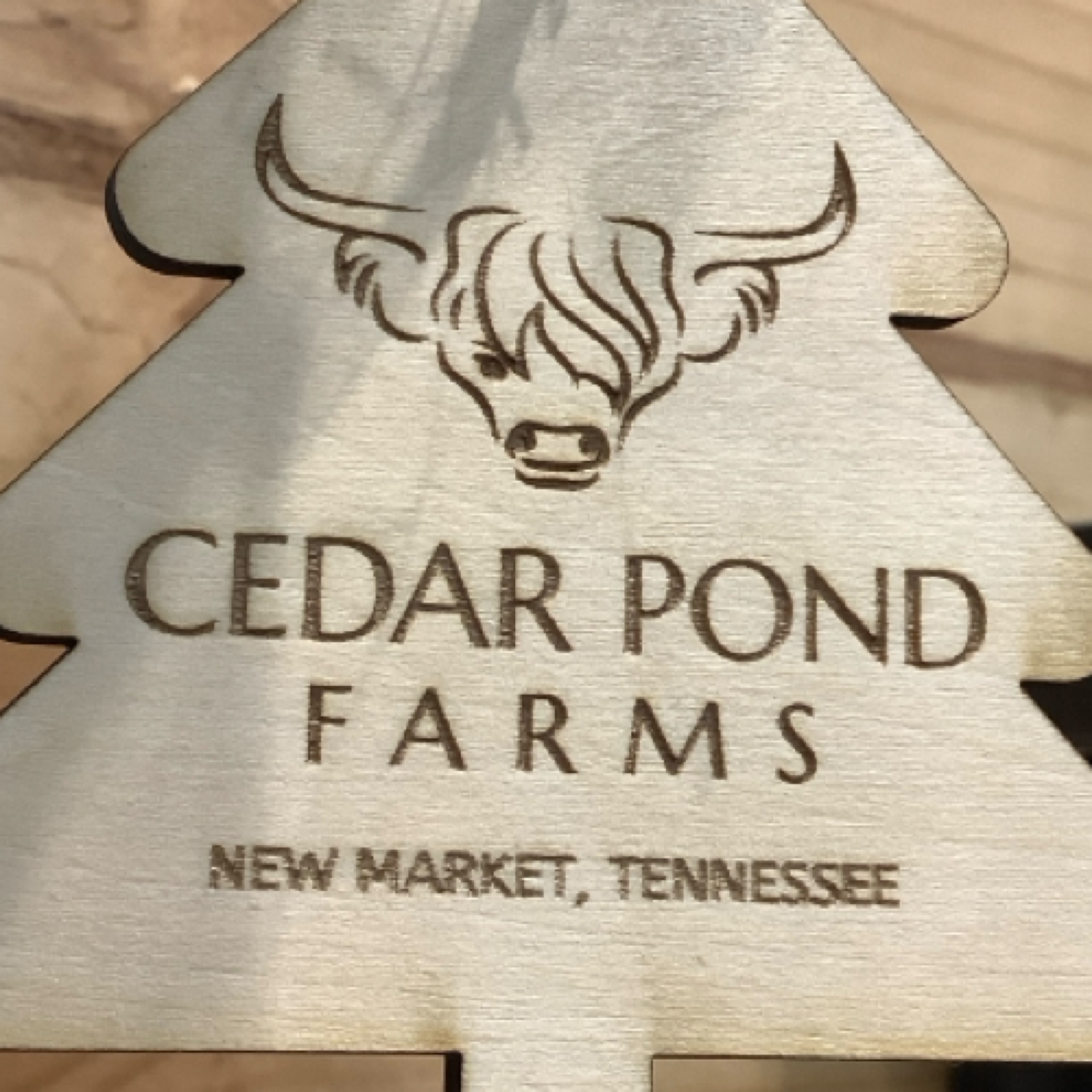Christmas Tree Ornament at the Cedar Pond Farms gift shop — our fluffy Highland cow farm just outside the Smoky Mountains.