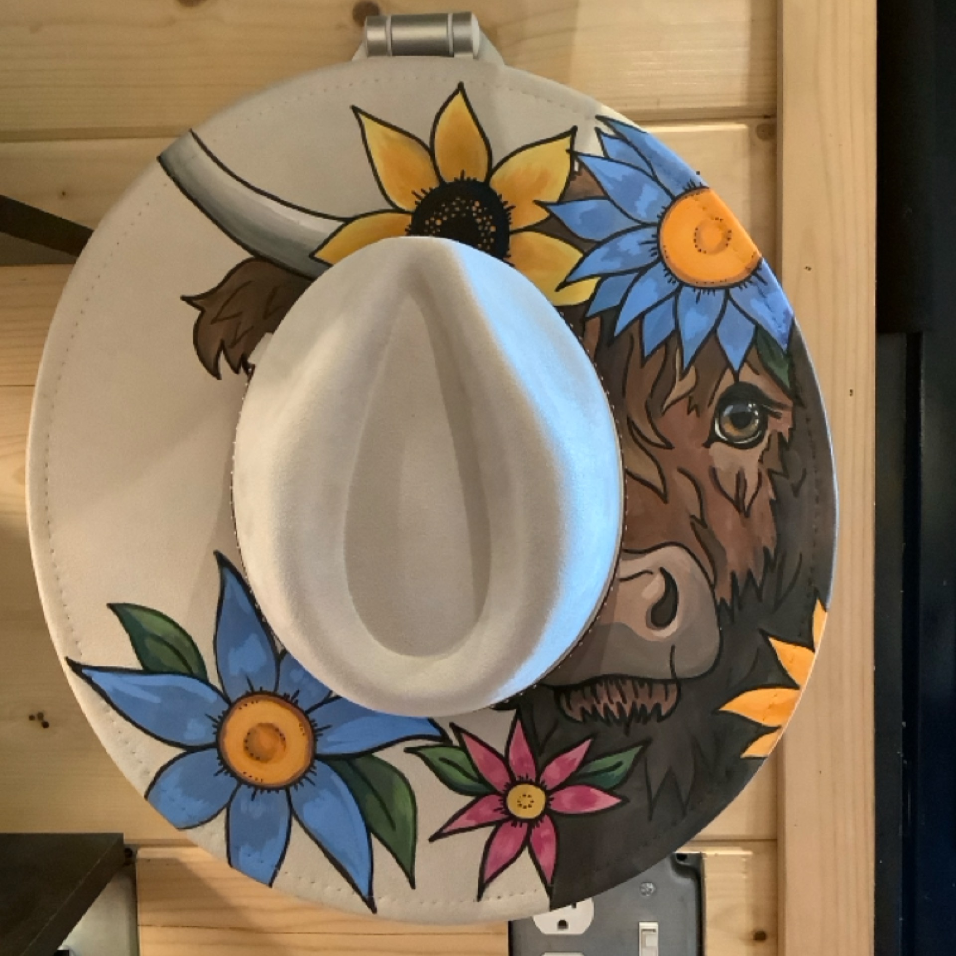 Hand-painted Faux Suede Rancher Hat from the Apparel shelf at the Cedar Pond Farms gift shop — our fluffy Highland cow farm just outside the Smoky Mountains.