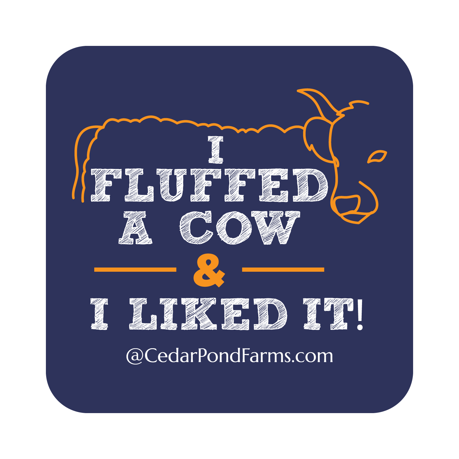 I fluffed a cow and I liked it from the STICKERS shelf at the Cedar Pond Farms gift shop — our fluffy Highland cow farm just outside the Smoky Mountains.