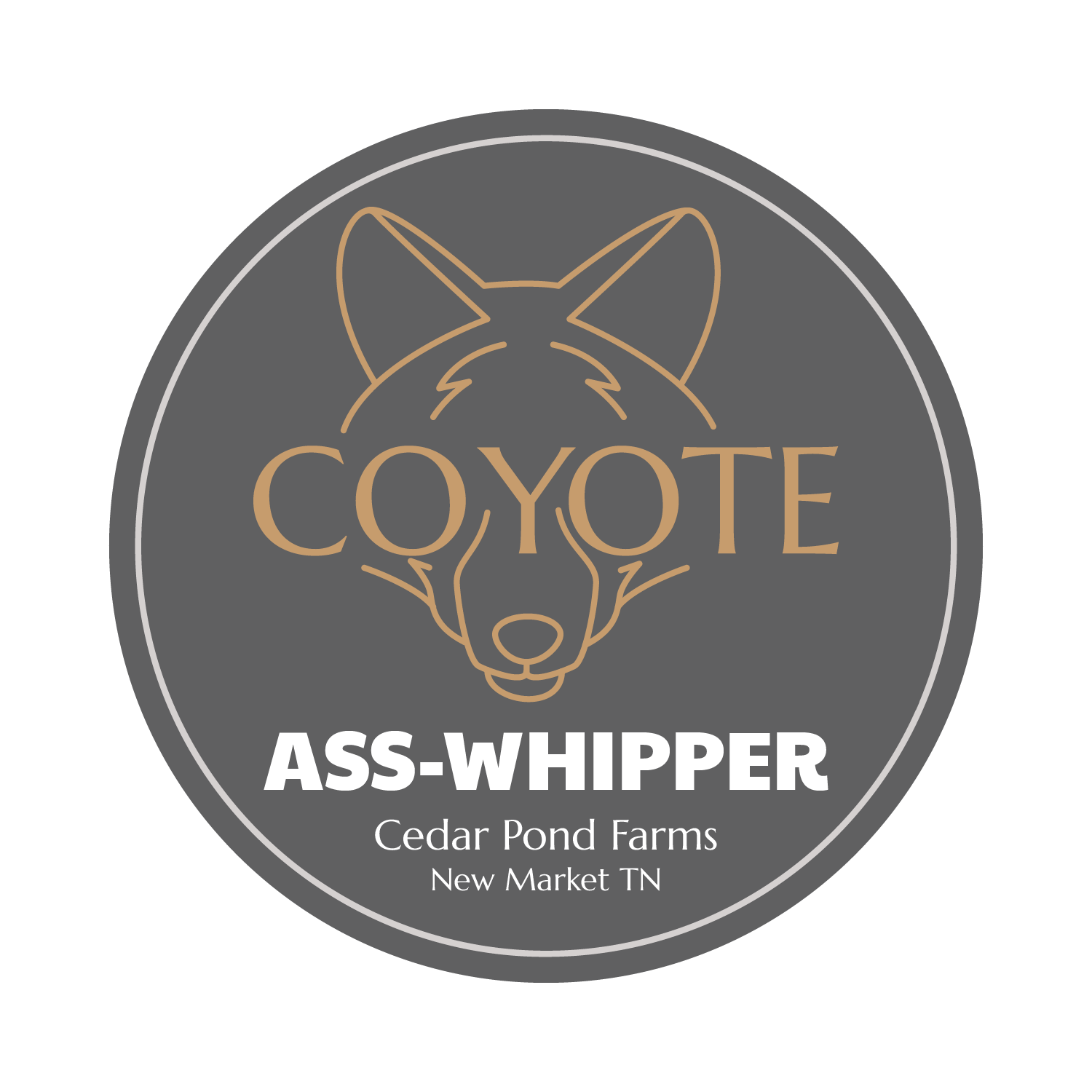 Mini-Donkey Coyote Ass Whipper from the STICKERS shelf at the Cedar Pond Farms gift shop — our fluffy Highland cow farm just outside the Smoky Mountains.