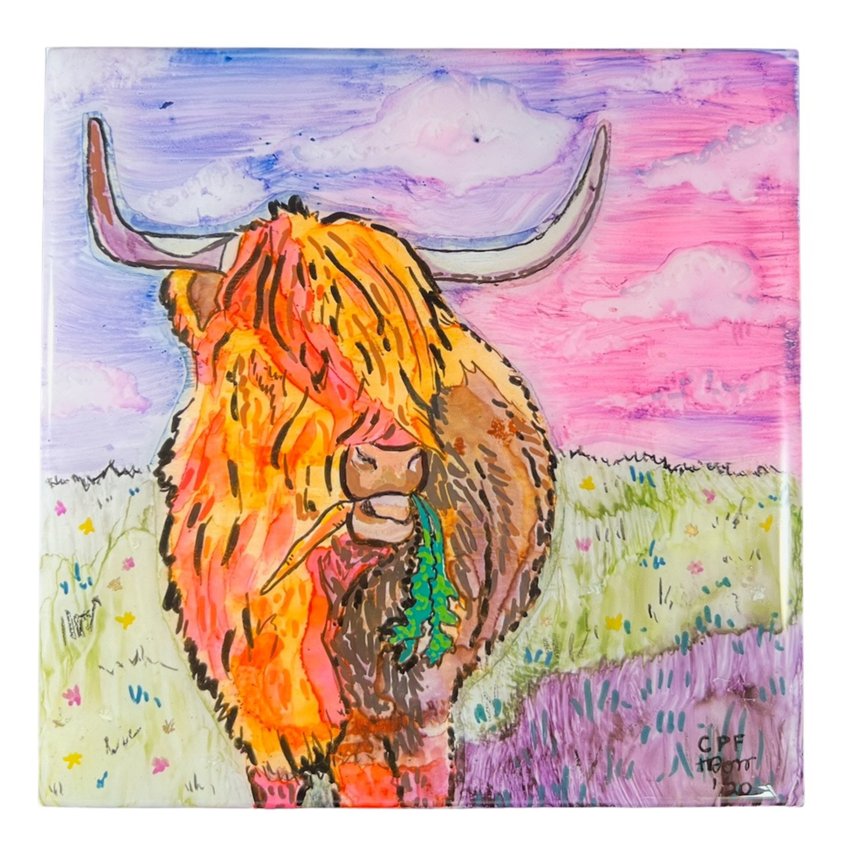 A closer look at Fluffy Highland Cow Hand Painted Tile, sold at Cedar Pond Farms in the Tennessee foothills near the Smokies.