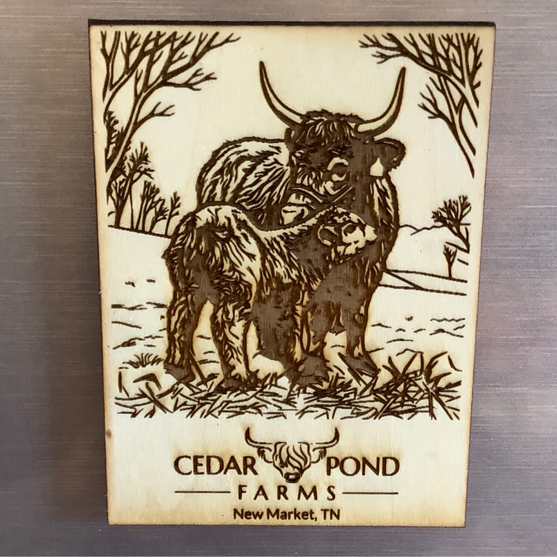 Wood Cow Magnet at the Cedar Pond Farms gift shop — our fluffy Highland cow farm just outside the Smoky Mountains.