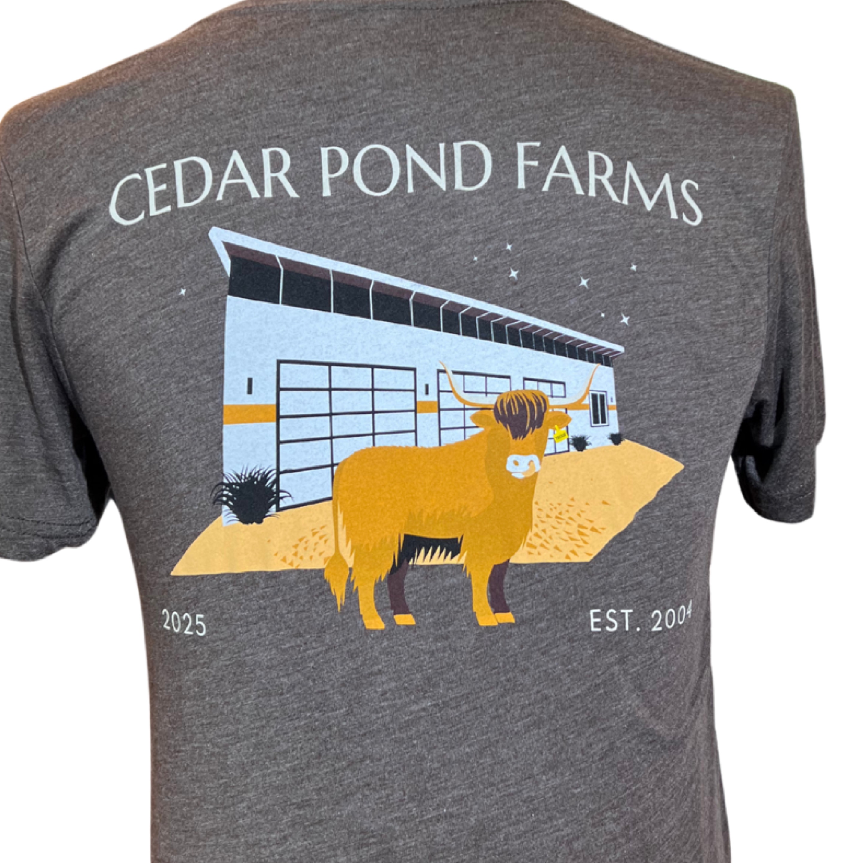 Cedar Pond Farms Scottish Highland Cow Tee, sold at the Cedar Pond Farms farm store in New Market, Tennessee.