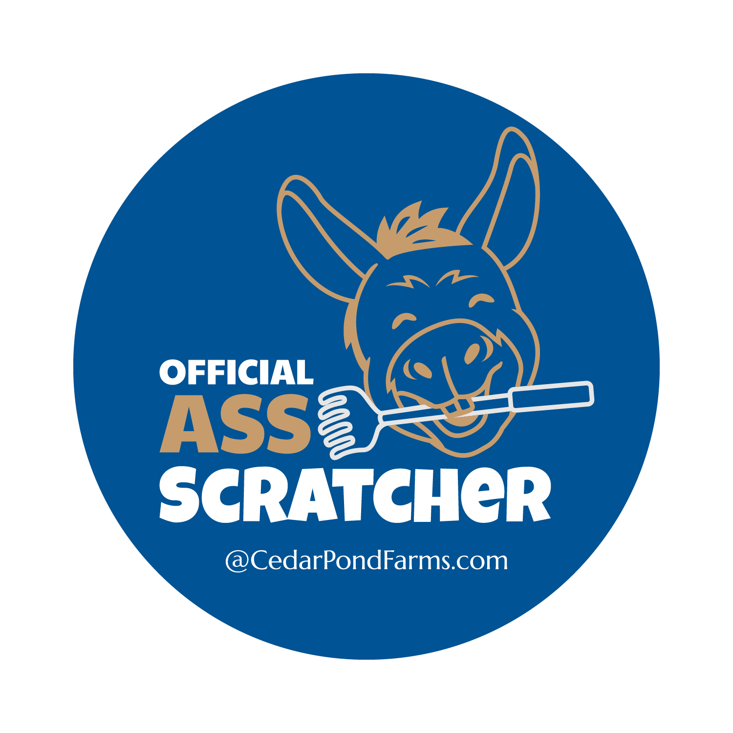 Official Ass Scratcher from the STICKERS shelf at the Cedar Pond Farms gift shop — our fluffy Highland cow farm just outside the Smoky Mountains.